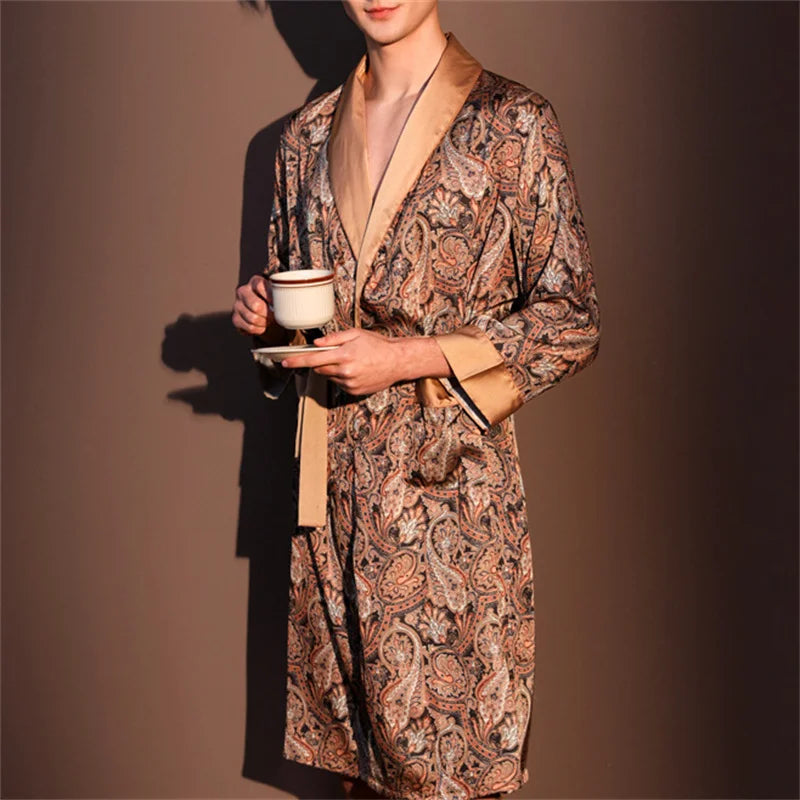 Spring Summer New Mens Robe Printed Bathrobe Kimono Gown Silky Satin Male Sleepwear Night Clothes Loose Casual Homewear Pajama