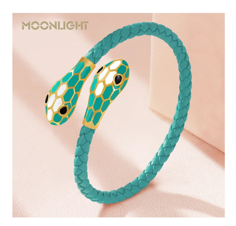 MOONLIGHT Classic Style Double Snake Head Cuff Bangles for Women Genuine Braided Leather Bracelets Female Fashion Jewelry Gifts
