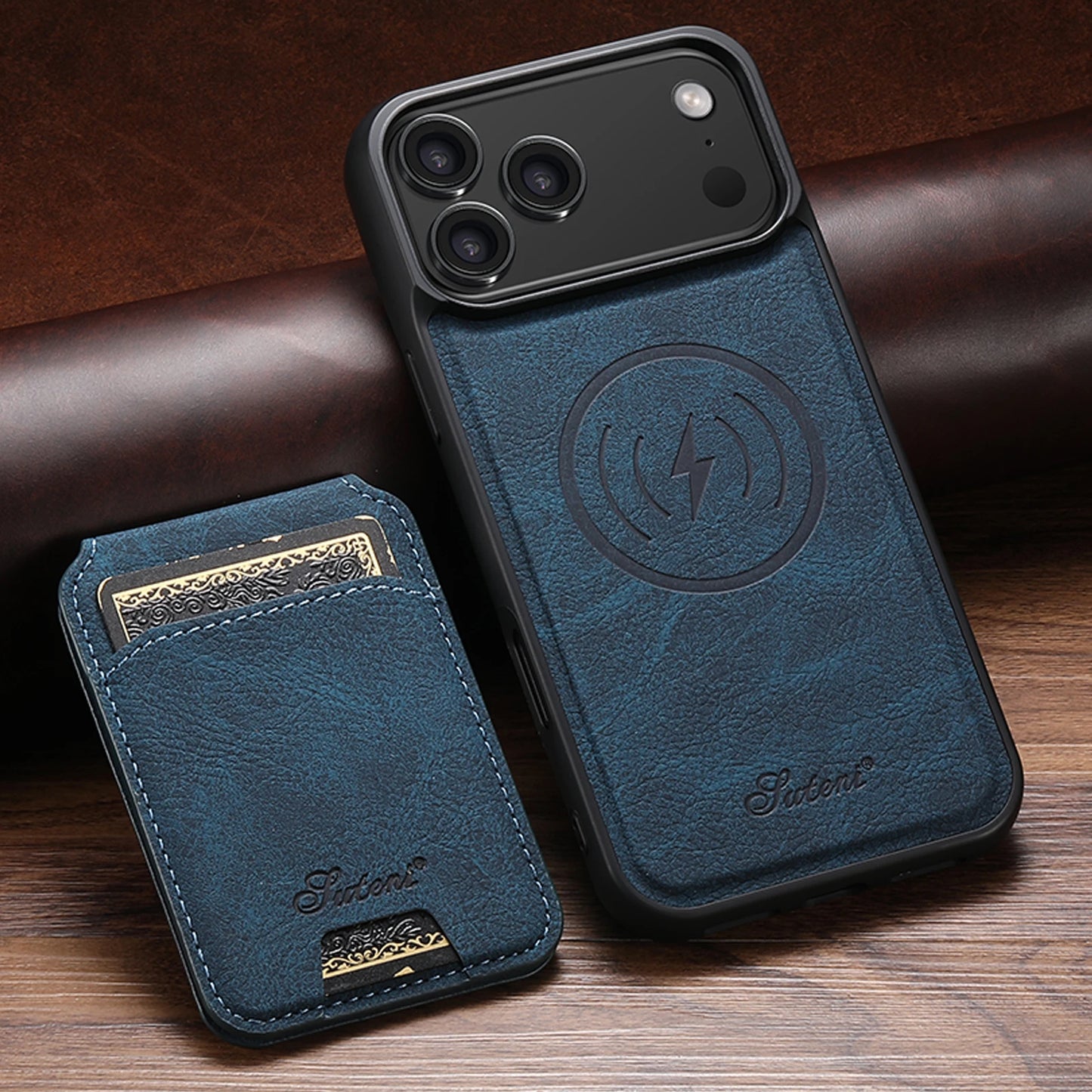 SUTENI Wireless Charging Phone Case Magnet Card Holder Stand Faux Leather For iPhone 17 Pro Max 16 Plus 15 14 13 12