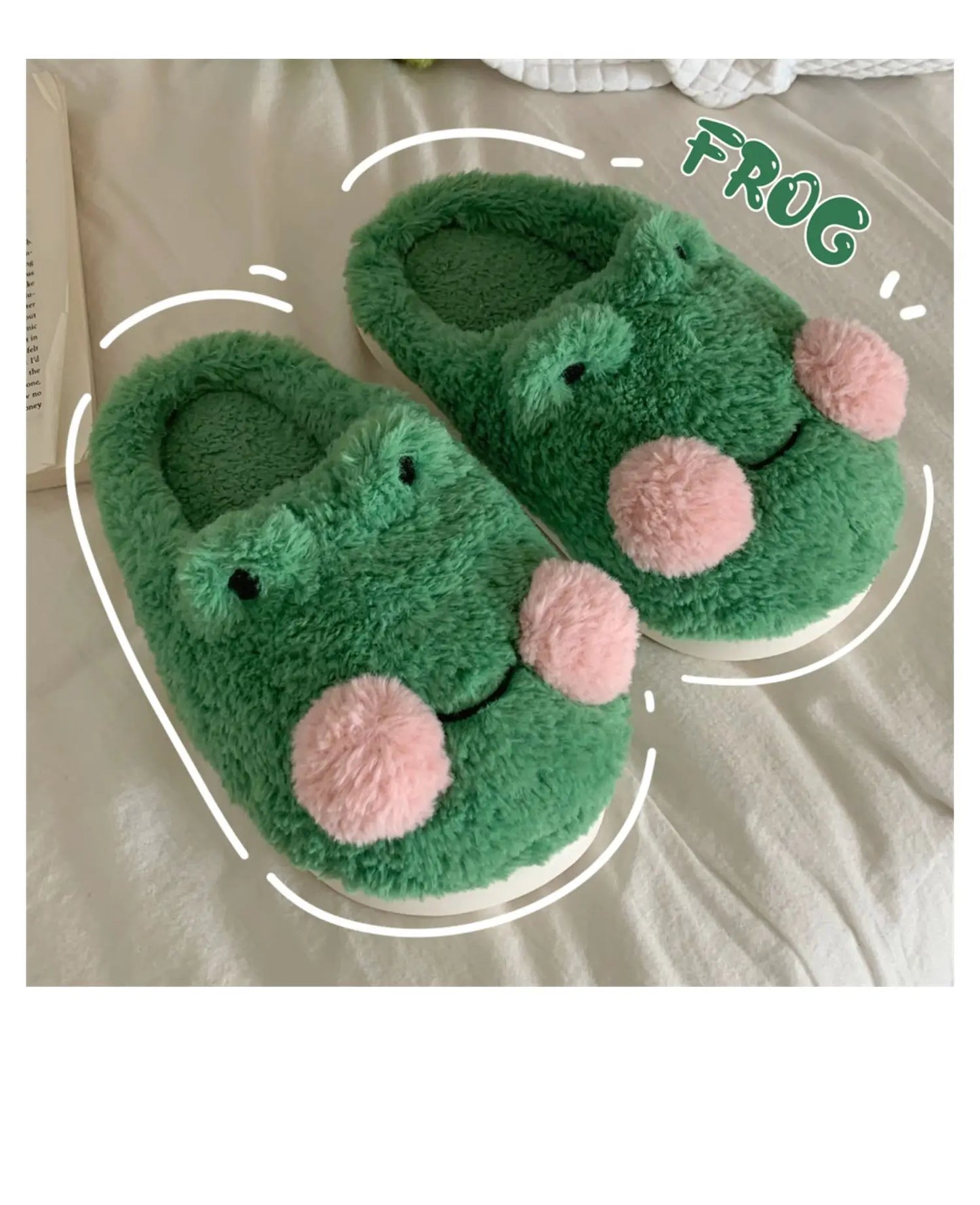 Women's Cute Green Frog Plush Slippers | Cozy Faux Fur House Shoes
