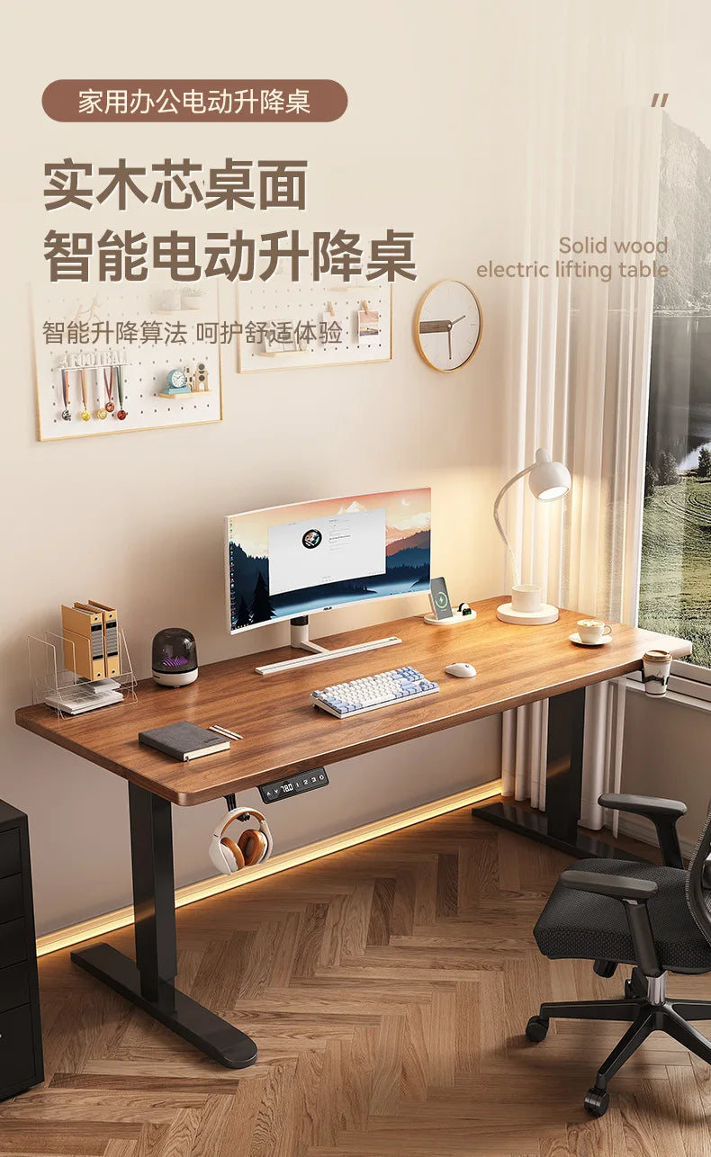 Electric Height Adjustable Solid Wood Computer Desk for Home & Office