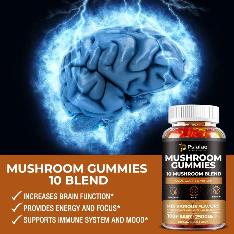 10-Strain Mushroom Gummies for Energy, Focus, and Stress Relief