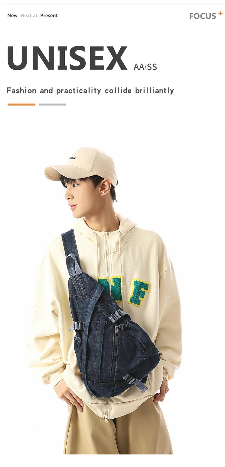 Vintage Washed Denim Sling Bag Man Woman Multifunction Retro Large Capacity Portable Motorcycle Chest Bag