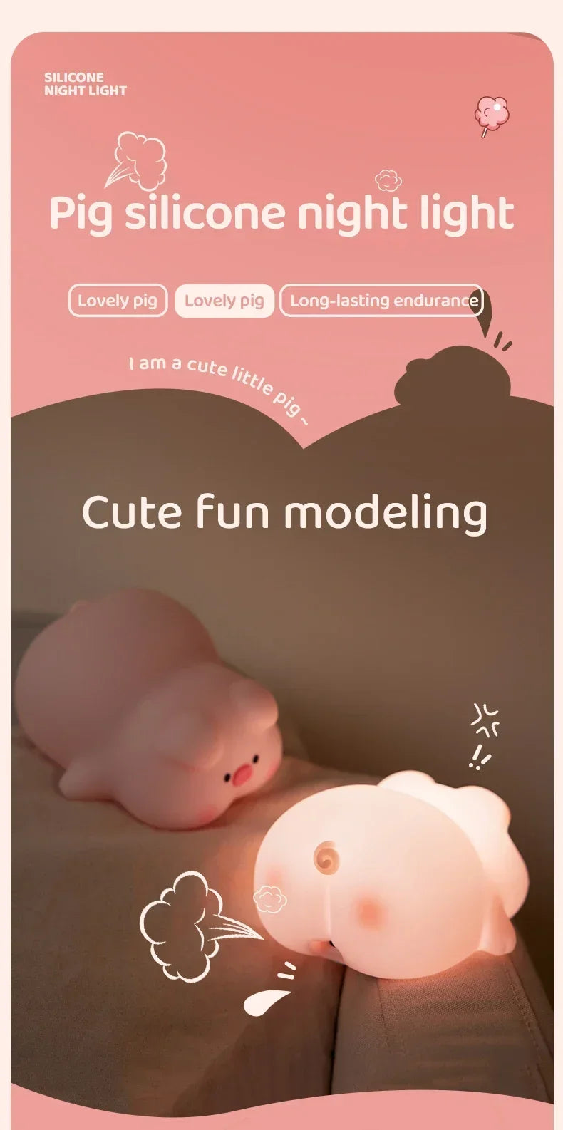 Cute Piggy Bunny Night Light | Soft Silicone Lamp for Kids