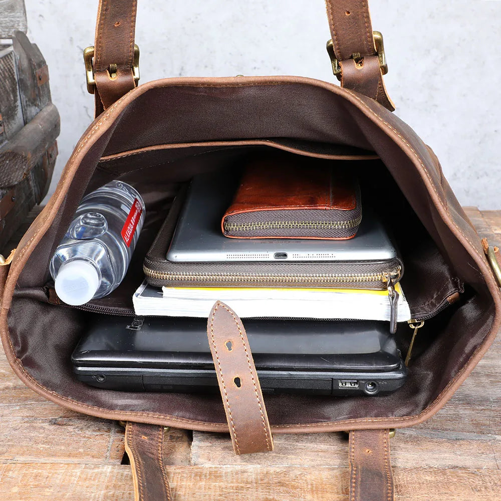 Vintage Genuine Leather Tote Bag | Handmade Unisex Briefcase