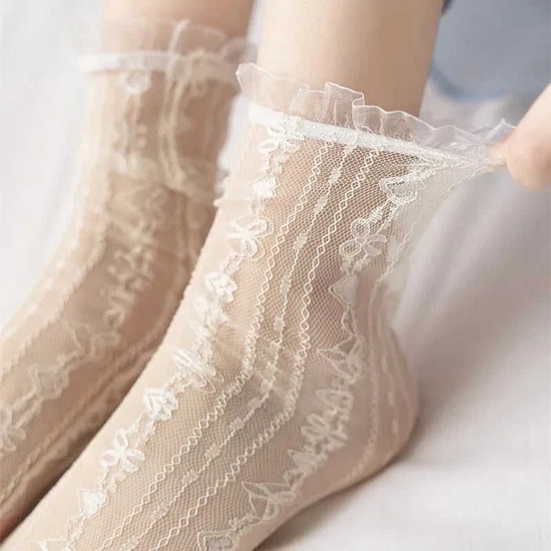Ultra-Thin Transparent Lace Ruffle Socks for Women | Summer Style