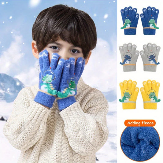 Guantes con forro polar de dinosaurio de dibujos animados para niños | Manoplas de invierno cálidas