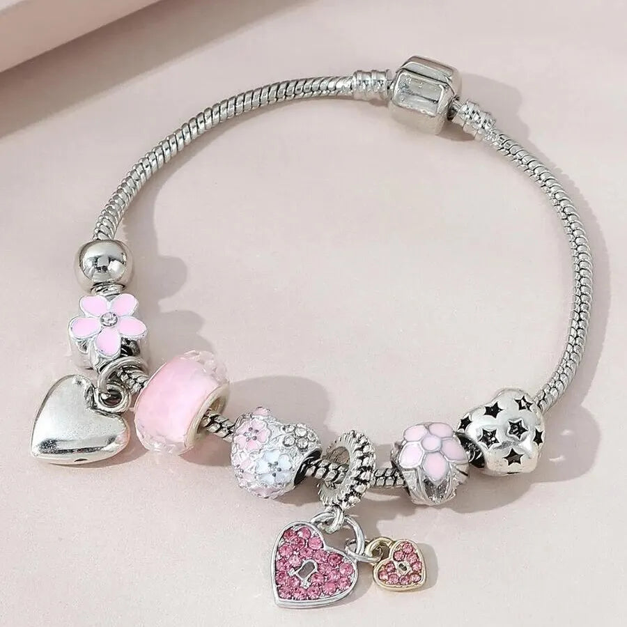 Beautiful Heart Flower Glass Pendant Charm Bracelet for Women