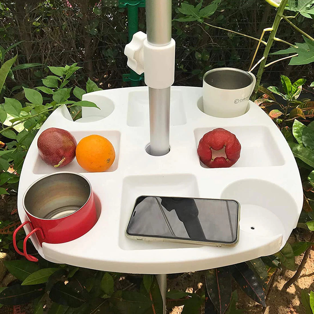 Bandeja Versátil para Sombrilla de Playa con Portavasos y Compartimentos para Bocadillos