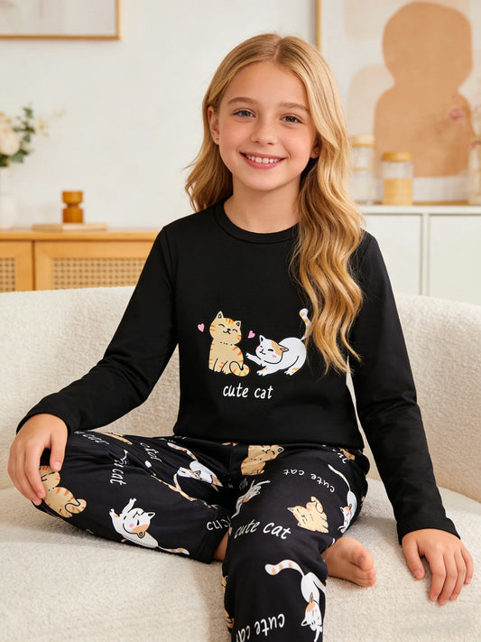 Cute Cat Long-Sleeved Girls' Pajama Set for Home Wear
