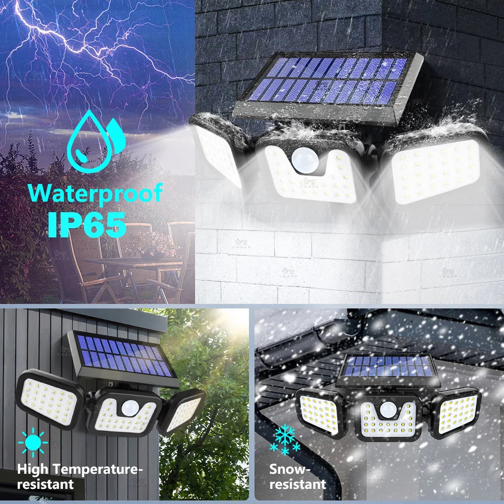 Luces solares ajustables de 3 cabezales | Lámparas de pared para exteriores con sensor de movimiento