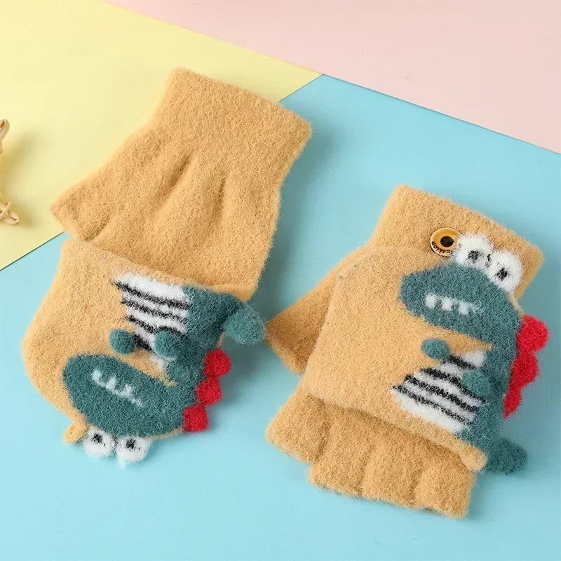 Kawaii Cartoon Dino Kids Half Finger Gloves | Winter Warmth for Fun