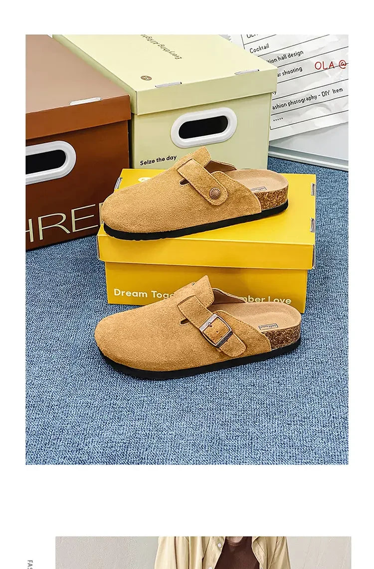 Cow Suede Cork Mules Slippers for All Seasons | Comfortable Clogs