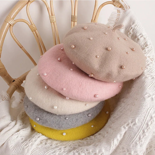 Wool Kids Winter Hat | Stylish Baby Beret with Pearl Detailing