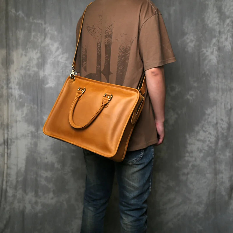 Handmade Genuine Leather Briefcase | Retro Large Capacity Laptop Bag