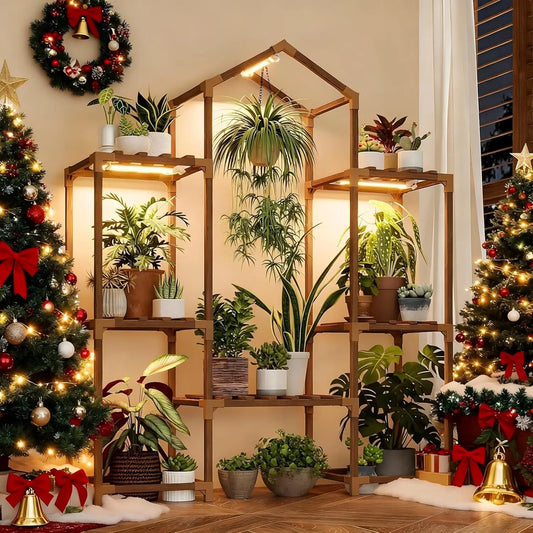Wood Plant Shelf with Grow Lights for Indoor and Patio Decor