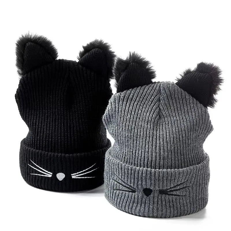 Women's Cute Cat Ear Beanie Hat | Warm Acrylic Knit Winter Skull Cap