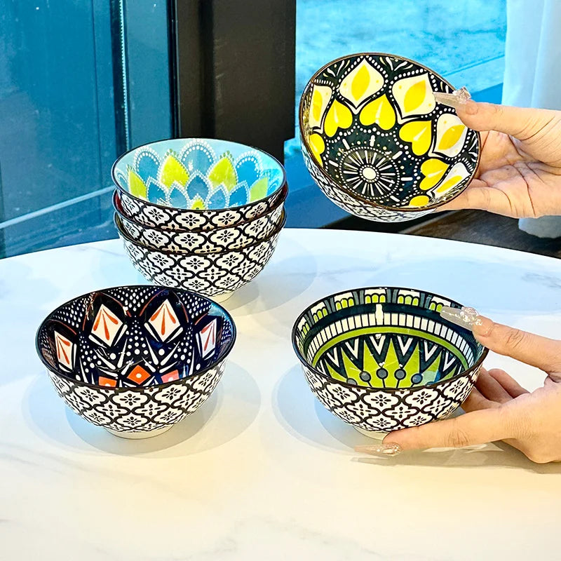 6-Piece Handmade Bohemian Ceramic Bowls Set | Microwave & Dishwasher Safe