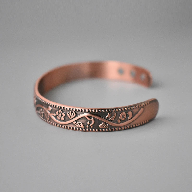 Vintage Floral Engraved Solid Copper Magnetic Therapy Cuff Bracelet