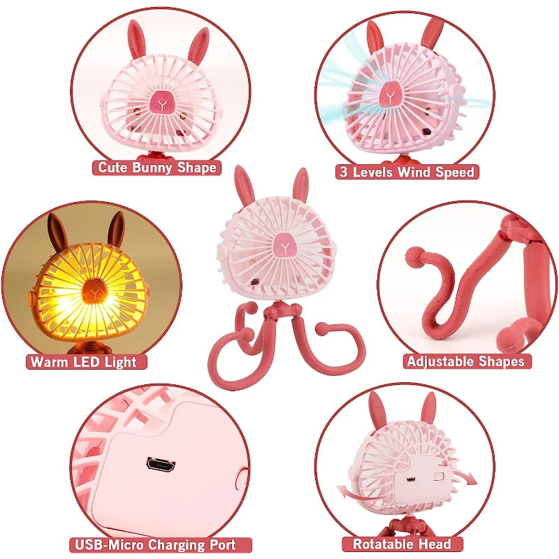 Mini Portable Bunny Stroller Fan | Rechargeable & 360° Rotate