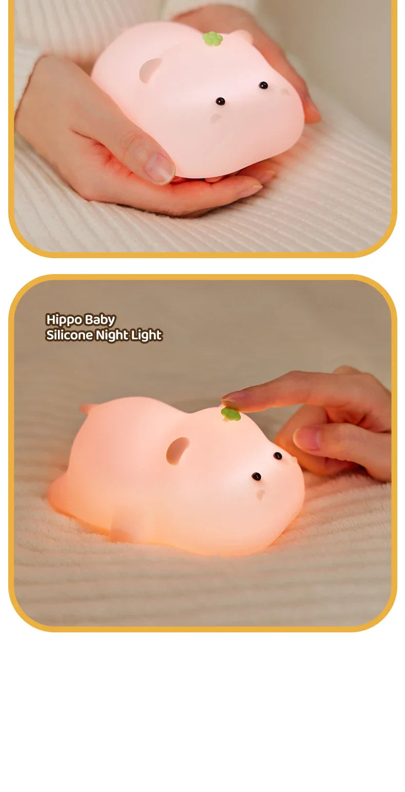 Cute Pink Hippo Night Light | Portable Silicone Kids Lamp