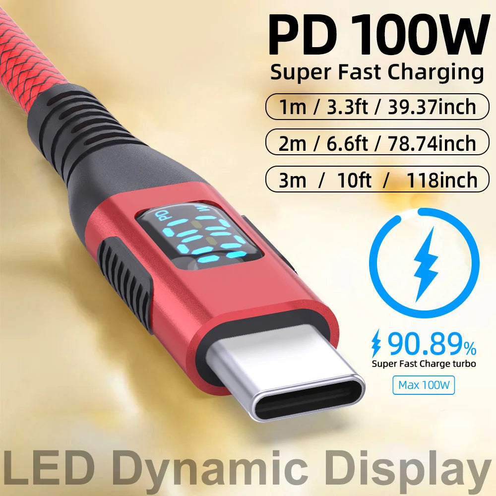 5A 100W USB C to Type C Fast Charging Cable with LED Display