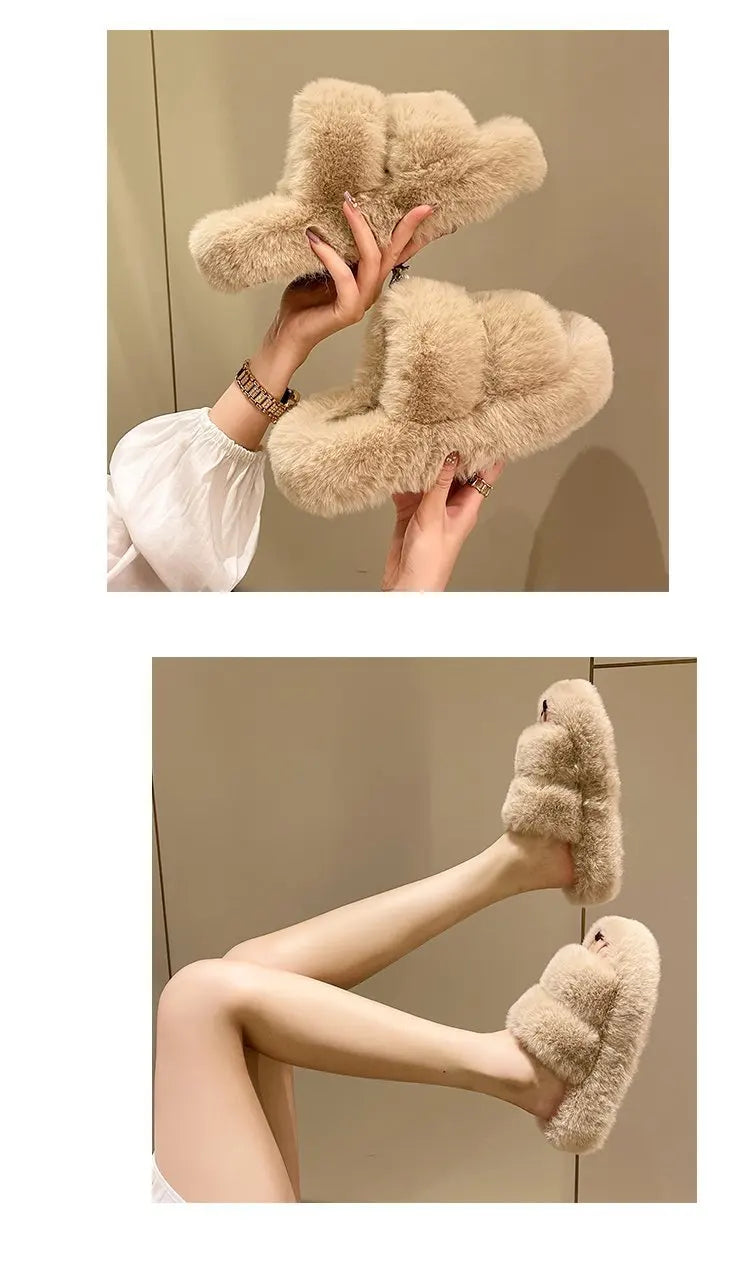 Cozy Plush Fluffy Platform Fur Slippers for Women | Anti-Slip Warmth