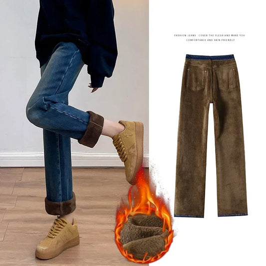 Women's Thickened Velvet Straight Jeans | Warm Fleece Pants