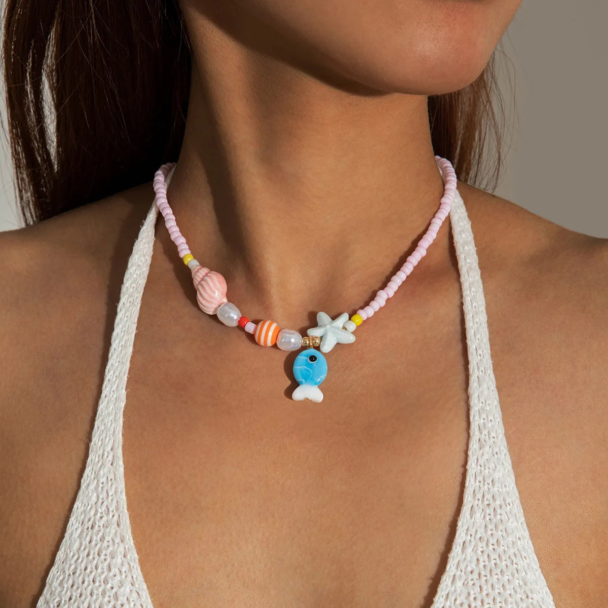 Y2K Boho Acrylic Ceramic Fish Starfish Mushroom Pendant Colorful Bead Choker Necklace For Women Beach Ocean Jewelry Accessories