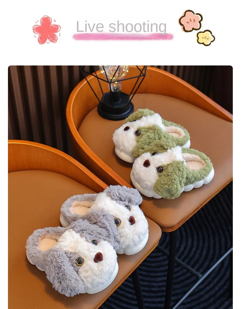 Cute Puppy Plush Slippers for Kids | Non-Slip Cozy Footwear
