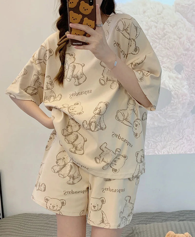 Plus Size Short Sleeve Pajamas for Women | Cute Cartoon Bear Design