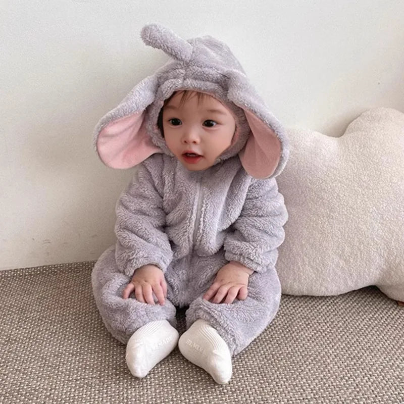 Cute Cartoon Elephant Fleece Jumpsuit for Infants | Cozy Winter Wear