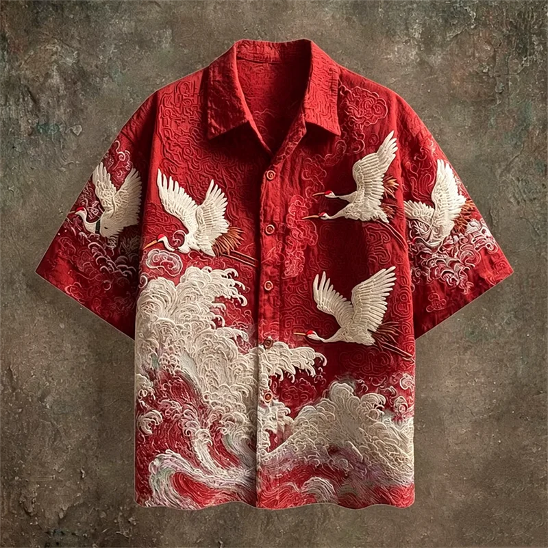 Men's Casual Short Sleeve Shirt | Dark Green Crane Pattern Fabric