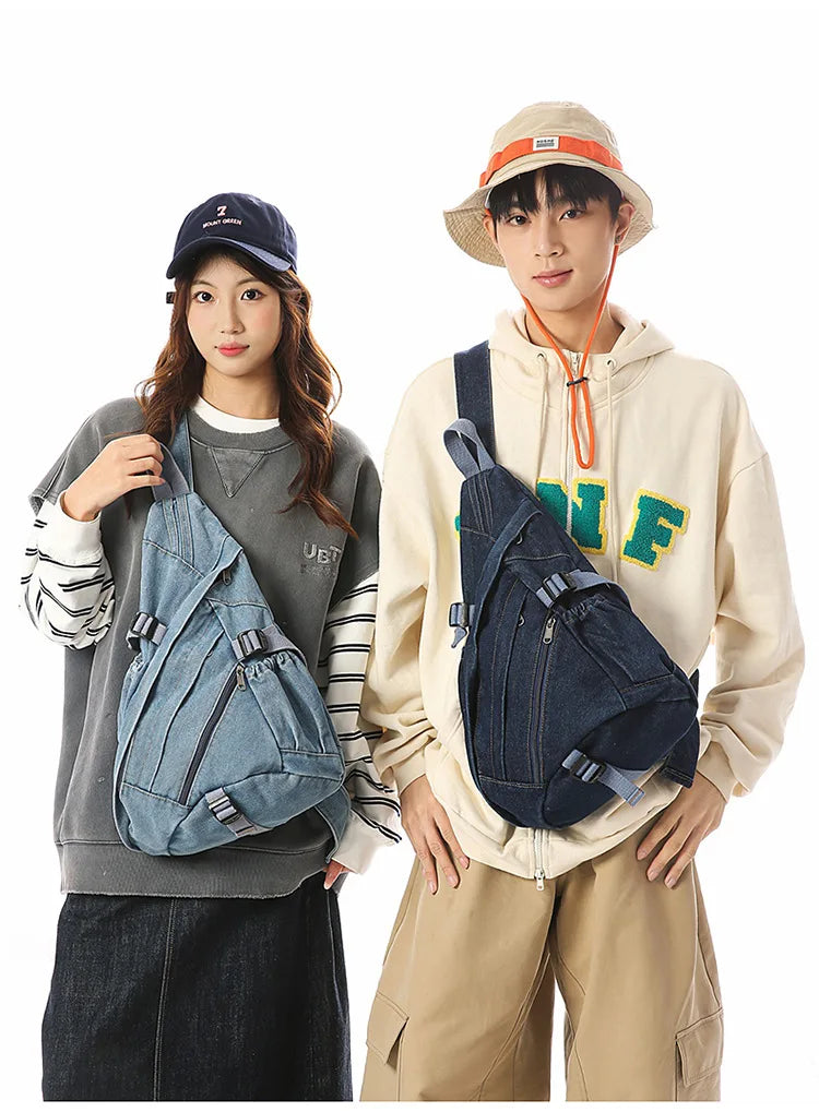 Vintage Washed Denim Sling Bag Man Woman Multifunction Retro Large Capacity Portable Motorcycle Chest Bag