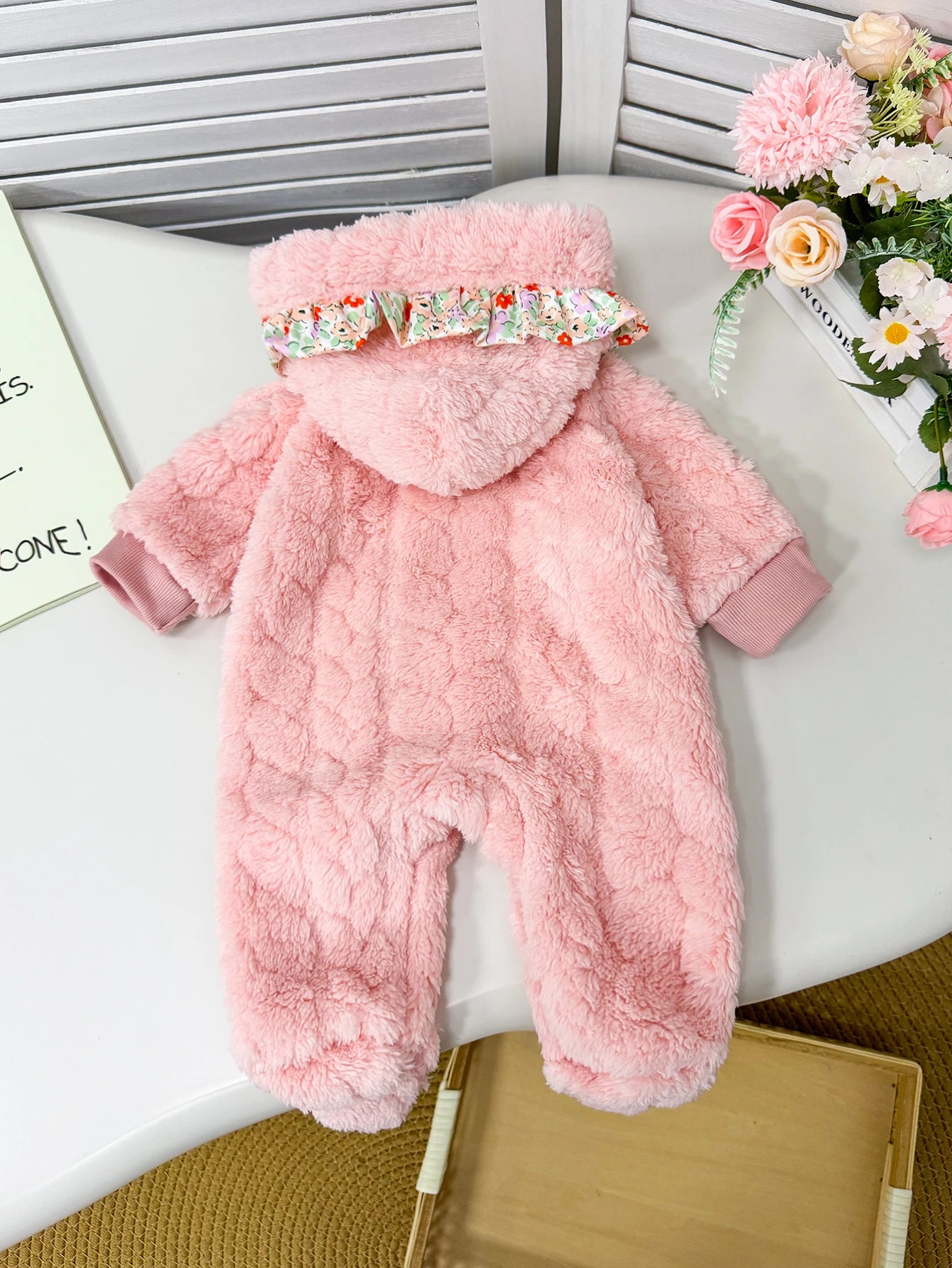 Cute Pink Fluffy Baby Romper Suit | Cozy Winter Outfit for Infants