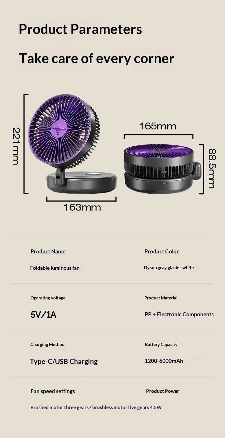 5000mAh Foldable Glow-in-the-Dark Wall Mount Fan | Portable and Quiet