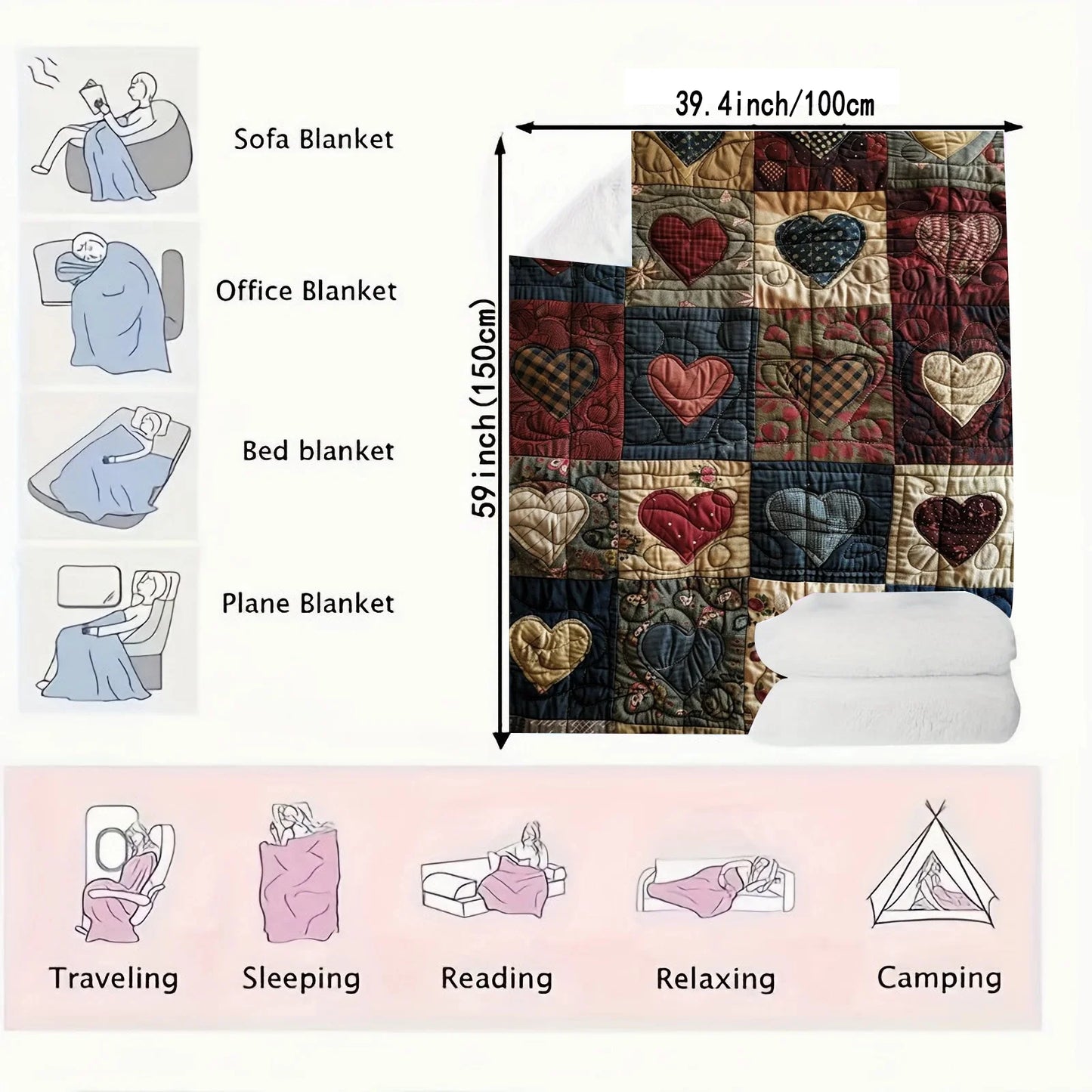 Manta de Franela Ultrasuave con Estampado de Corazones | Confort Acogedor y Portátil