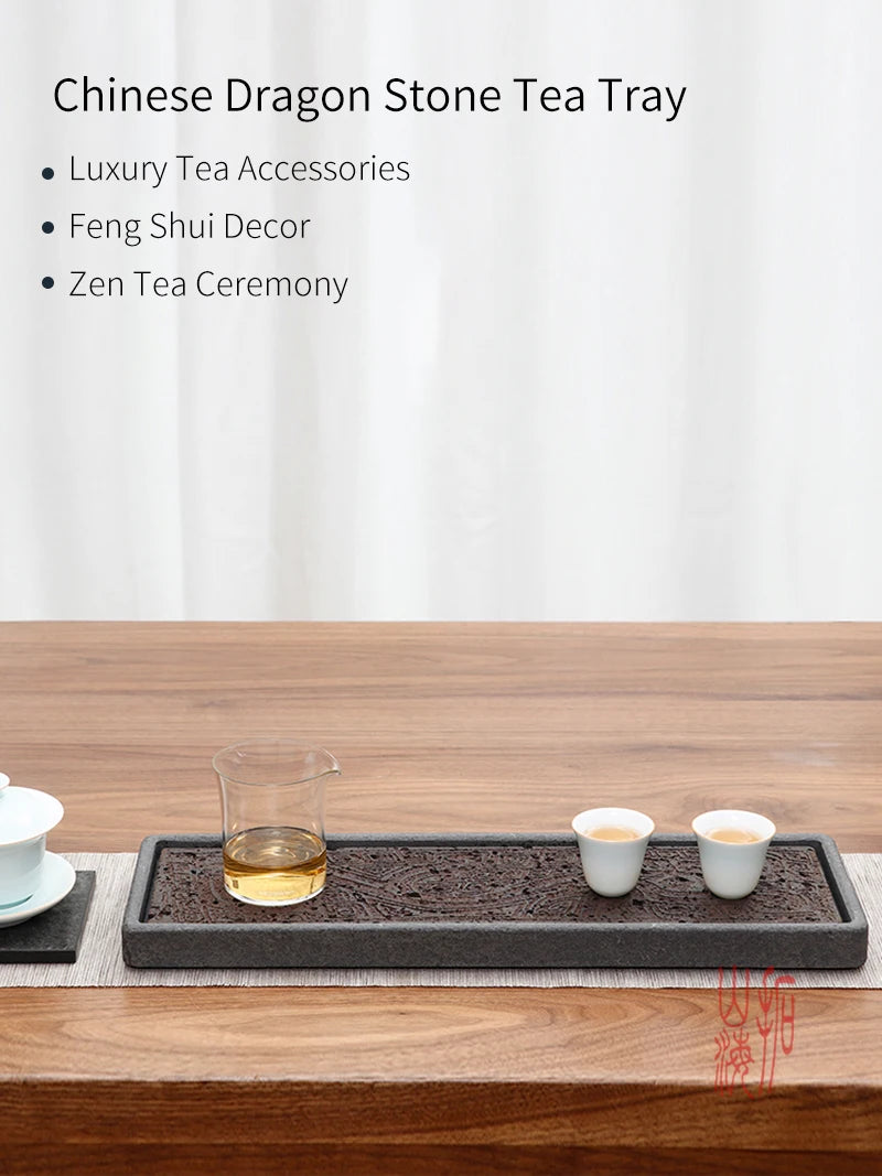 Bandeja de té con tótem de dragón tallado a mano | Elegante decoración volcánica negra