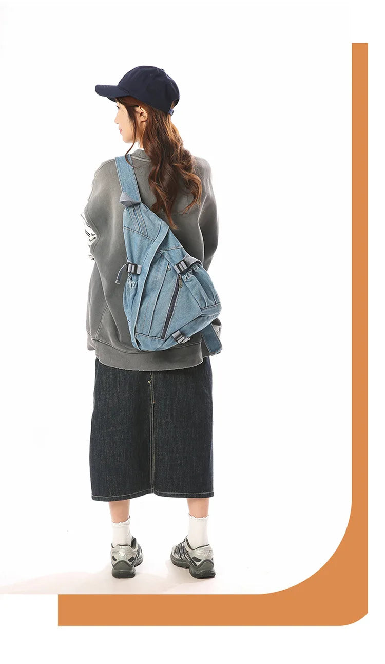 Vintage Washed Denim Sling Bag Man Woman Multifunction Retro Large Capacity Portable Motorcycle Chest Bag