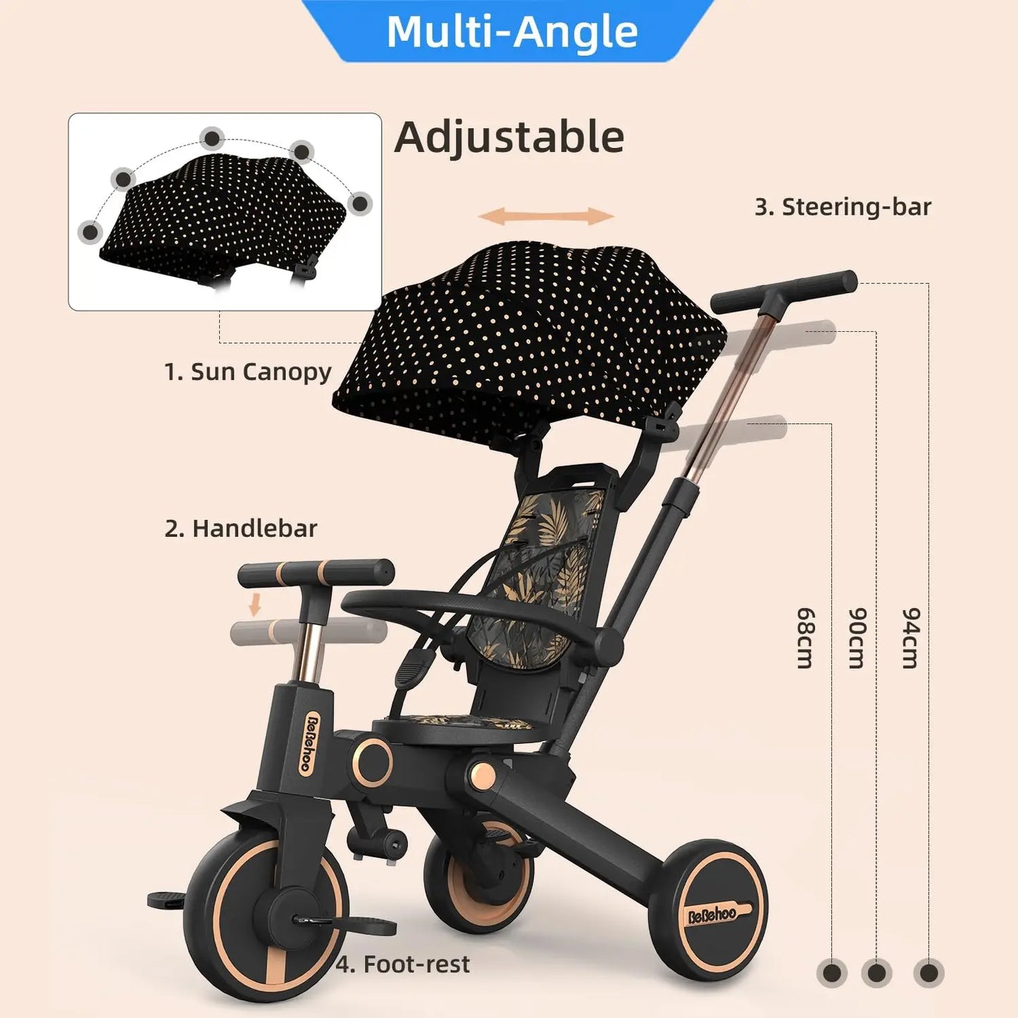Foldable Tricycle Stroller for Toddlers | 3-in-1 Push Bike