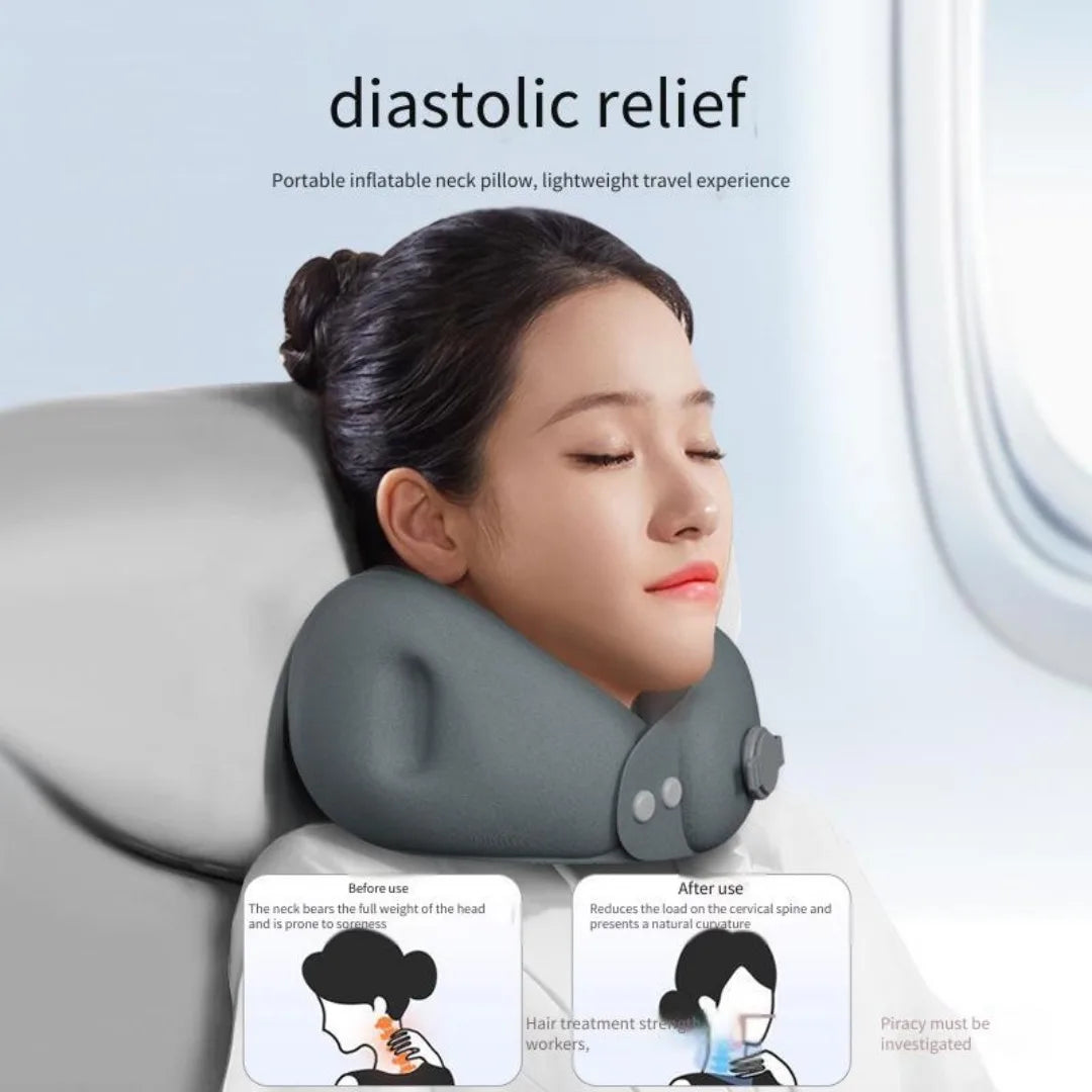 Inflatable U-Shaped Travel Neck Pillow with Storage Bag — Portable Soft Support Cushion for Airplane Car Train Office Nap Sleep