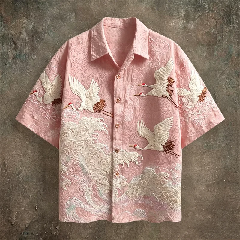 Men's Casual Short Sleeve Shirt | Dark Green Crane Pattern Fabric