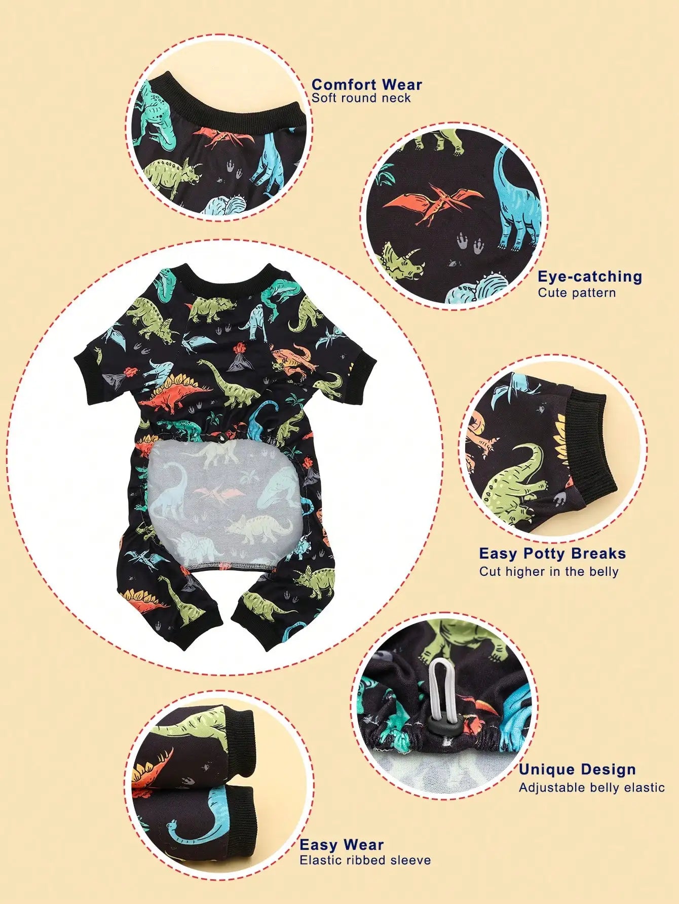 Cute Dinosaur Print Small Dog Pajamas | Stretchy Summer Onesies