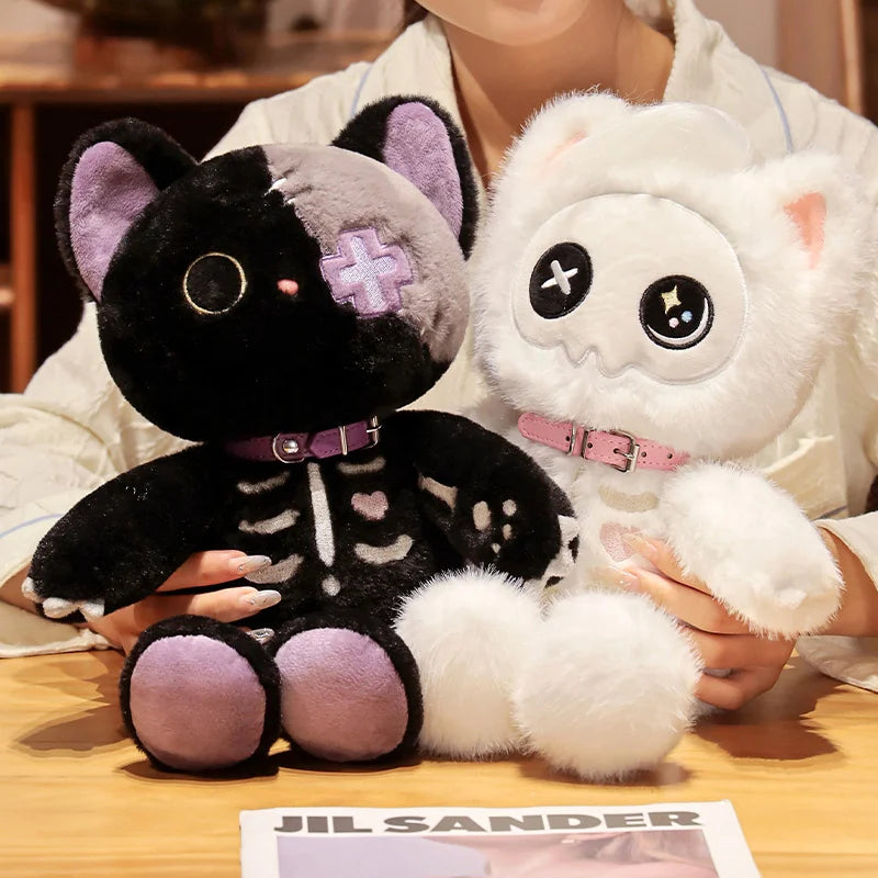 Kawaii Black Skeleton Cat Plush Toy | Fluffy Gothic Stuffed Animal