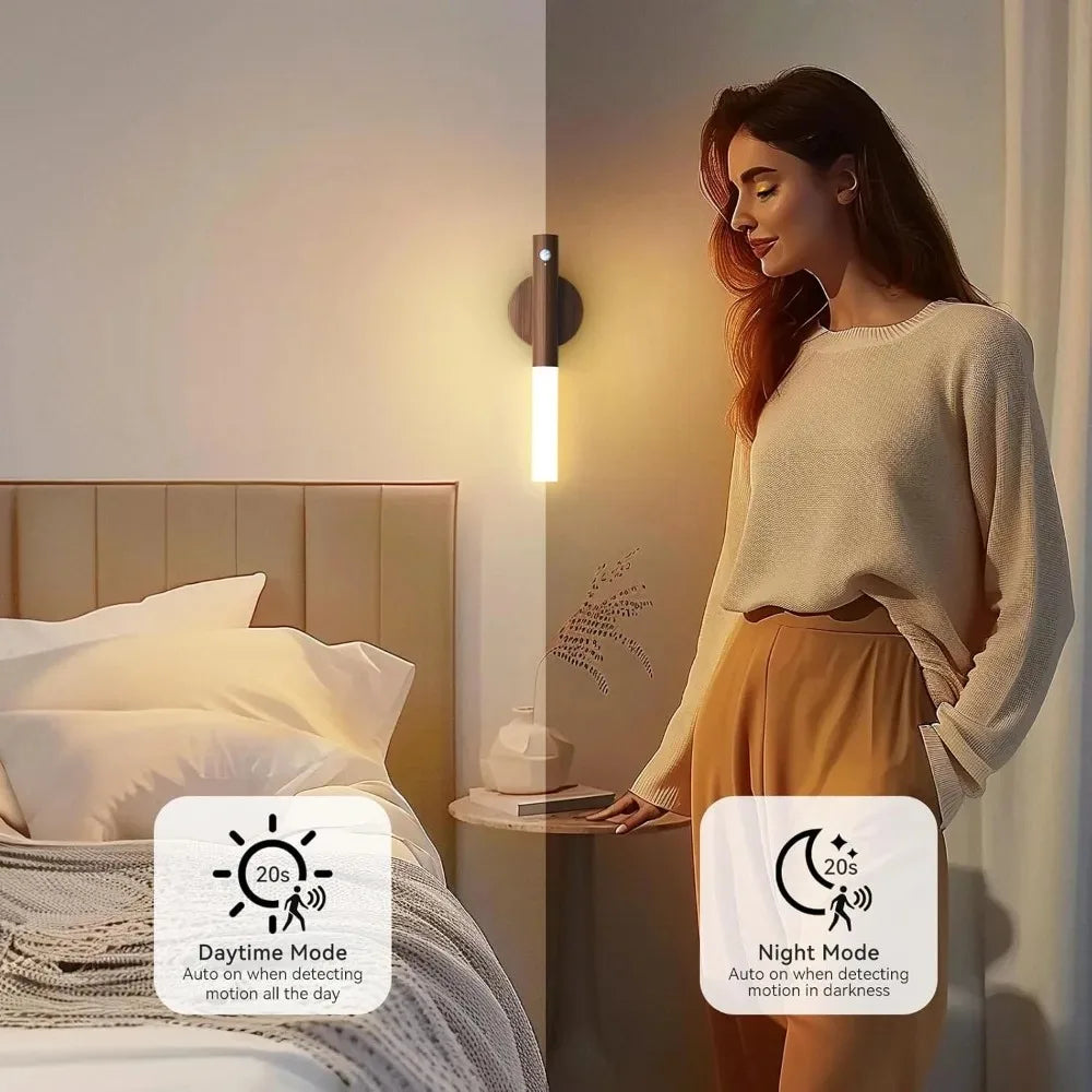 Luz nocturna LED recargable con sensor de movimiento | Elegante diseño de vetas de madera