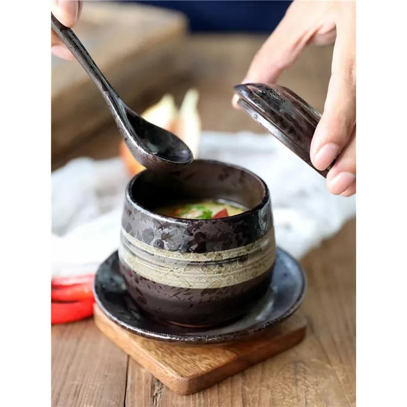 Japanese Retro Ceramic Stew Pot with Lid & Spoon Set | Multifunctional Soup Cup