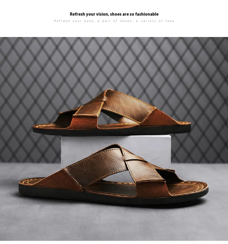 Plus Size Men Leather Slippers Homes In Indoor Slippers Summer Open Toe Sandals Comfy Antiskid Soft Bottom Casual Walking Shoes