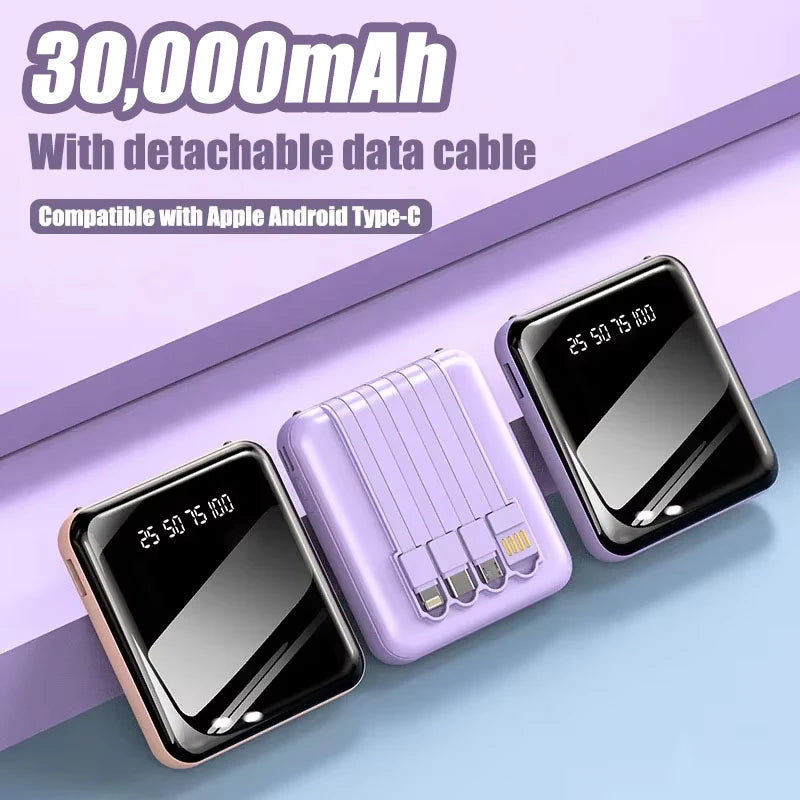 High-Capacity Mini Power Bank with LED Display & Built-in Cable