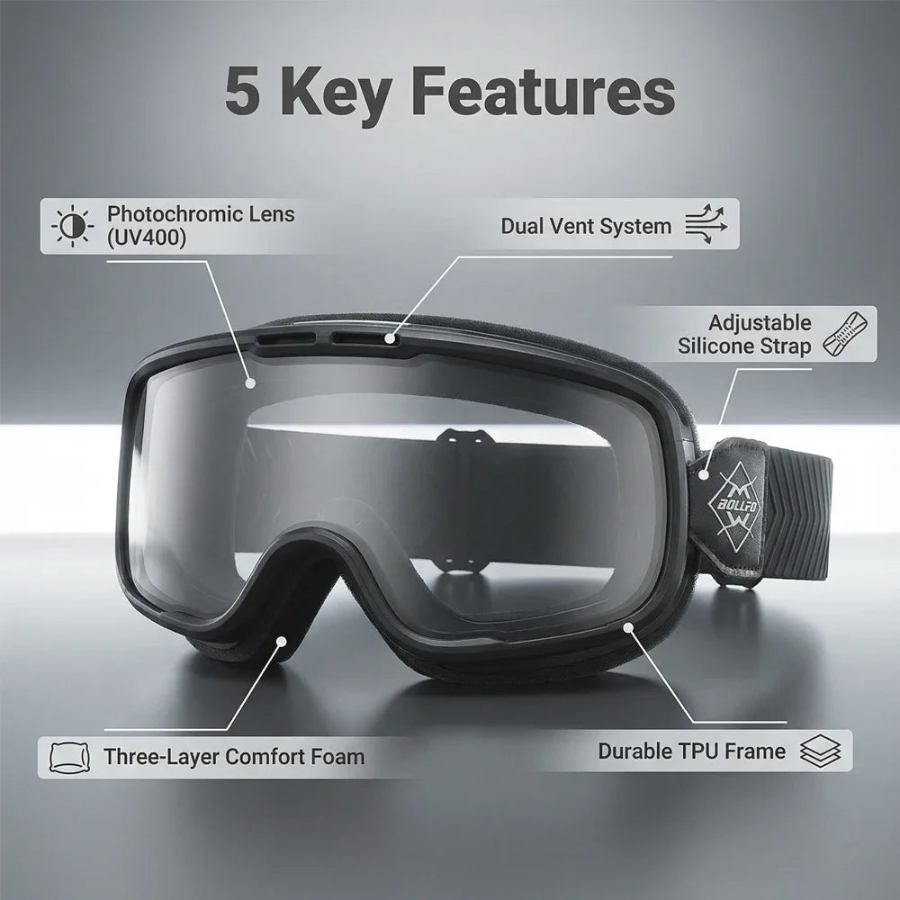 BOLLFO Photochromic Motorcycle Goggles Motorbike Eyewear OTG UV Protection Auto-tinting ATV Glasses Windproof Dirt Bike Goggles