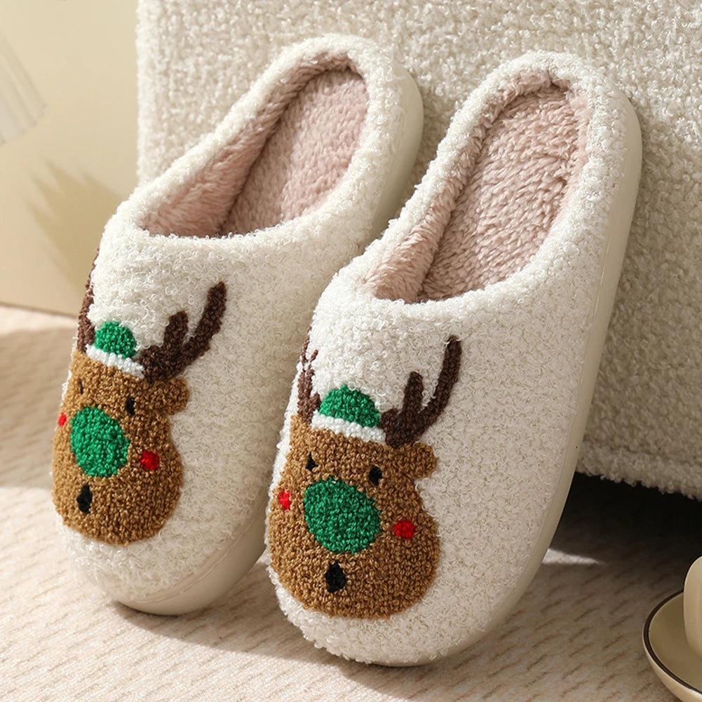 Unisex Christmas Deer Plush Slippers | Cozy Fluffy House Shoes